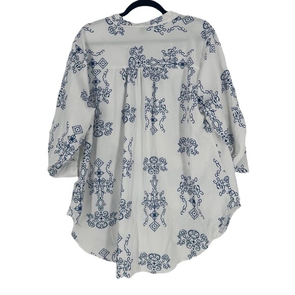 SHEIN Boho Print V-Neck Blouse 3/4 Sleeve White & Navy Blue Size 1XL - Picture 2 of 5